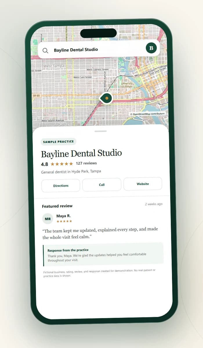 Sample mobile map listing for fictional Bayline Dental Studio in Hyde Park, Tampa, showing a 4.8-star rating, patient review, and practice response.